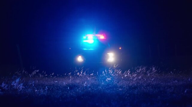 Police patrol car lights shining through deep darkness at night with headlights and flashing signals creating powerful cinematic emergency atmosphere