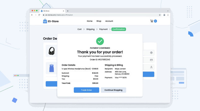 Online shopping order confirmation screen shows payment details and successful transaction for headphones and clothing.