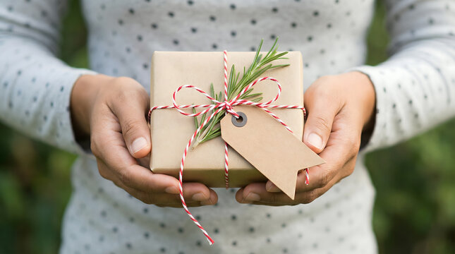 Woman holding a wrapped gift with rosemary and red string