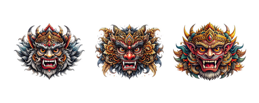 Collection of three intricately detailed mythical creature head vector illustrations, featuring ornate traditional designs and fierce expressions, inspired by ancient folklore and legendary beasts