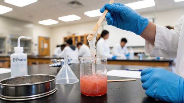 High School Biology Lab Experiment on DNA Extraction with Colorful Samples and Equipment