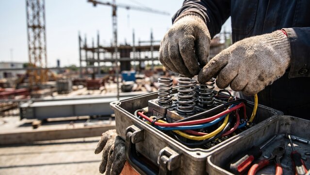 technician hands repairing a heavy machinery crane joystick controller