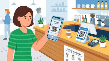 Fototapeta premium Woman uses smartphone to scan QR code for contactless payment at coffee shop counter