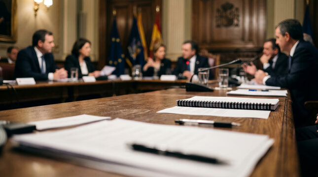 Government officials discussing policy in formal meeting room  