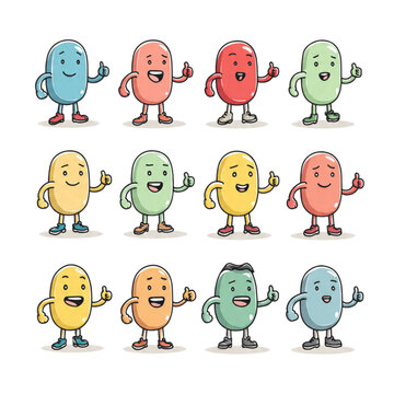 Cute, colorful cartoon characters giving thumbs up, illustrated collection of happy bean-shaped figures