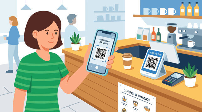 Woman uses smartphone to scan QR code for contactless payment at coffee shop counter