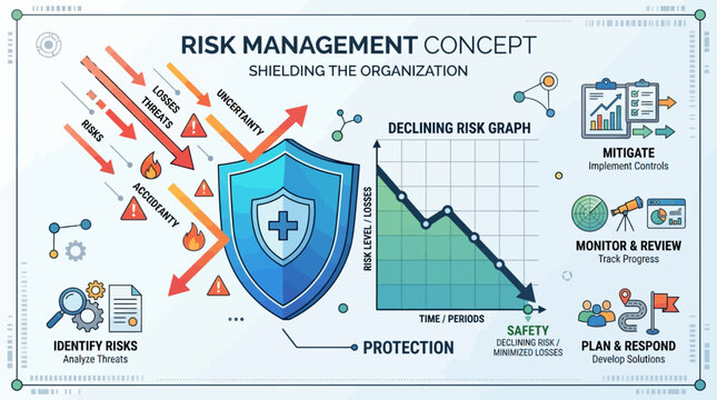 Comprehensive risk management concept illustrates shielding the organization from threats, losses, and accidents.