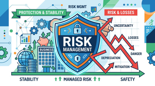 Risk management protects business stability and prevents losses through protection and stability strategies