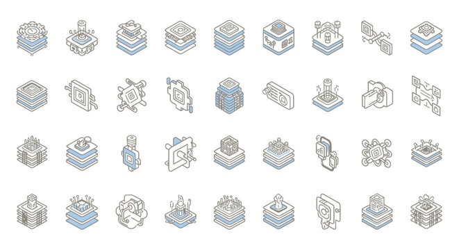 Industrial icons, isometric symbols, 40 industrial signs, blue and grey graphics