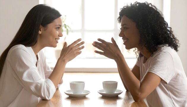 Dos mujeres conversando animadamente frente a frente con caf&eacute; en una mesa junto a una ventana
