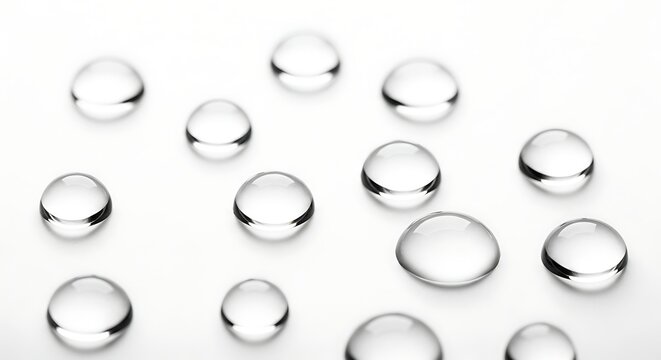 Clear water droplets on white background.