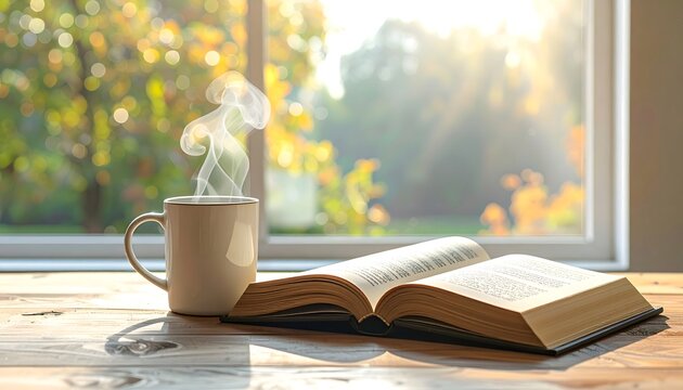 Libro abierto y taza de caf&eacute; humeante junto a una ventana con luz c&aacute;lida y ambiente acogedor