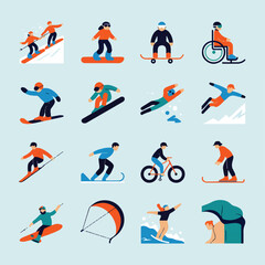 Fototapeta premium Action-packed scene of people skiing, snowboarding, and biking in mountains