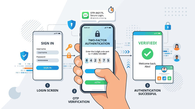 Step-by-step process of two-factor authentication verification using a smartphone, ensuring secure login and account protection.