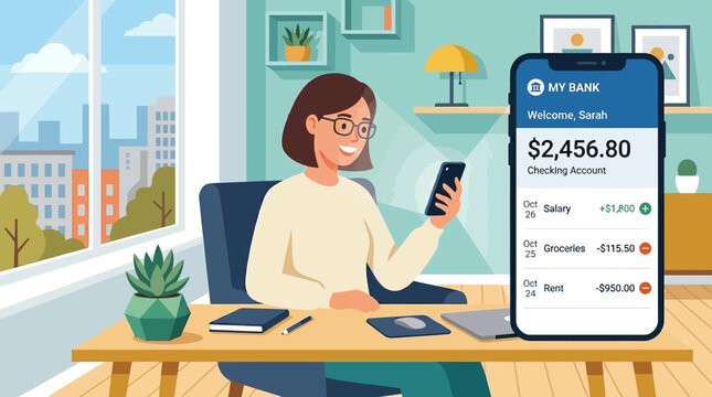 Smiling woman wearing glasses checks her bank account balance on a smartphone while sitting at a desk with some supplies