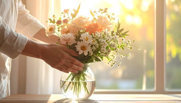 Manos colocando un ramo de flores frescas en un jarr&oacute;n junto a una ventana con luz c&aacute;lida