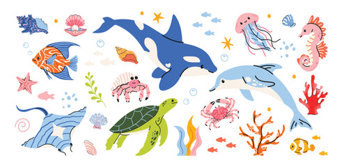 Cute ocean vector set with dolphins, fish, jellyfish, turtle, corals and seashells. Bright, playful marine collection for stickers, prints, kids, summer projects, posters. Doodle cartoon design © m_matvi