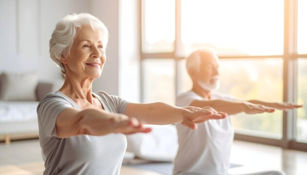 Mujer mayor practicando ejercicio suave en una clase de bienestar en un estudio luminoso