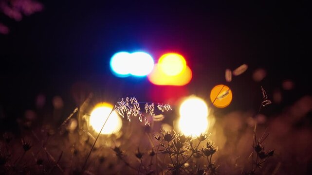 Police car with flashing red and blue emergency lights parked at night. Focus on foreground wild grass and plants while vehicle remains in soft bokeh blur creating cinematic depth