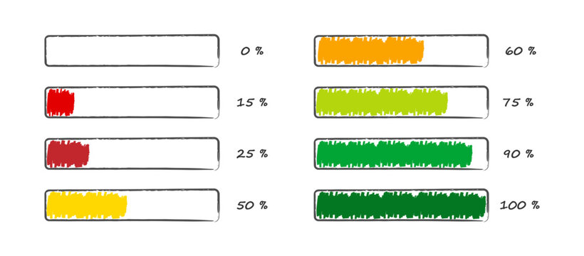Hand drawn progress bar set, doodle loading indicators, colorful UI percentage bars collection. Vector illustration on white background.