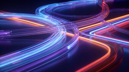Abstract 3D render depicting intertwined fiber optic cables glowing with vibrant red, blue, and purple light. © Michelle
