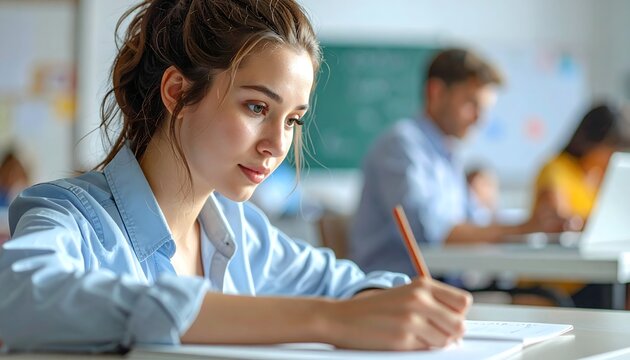 Estudiante joven escribiendo concentrada en un aula luminosa durante una clase