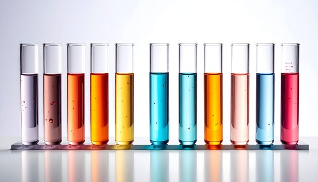 Fila de tubos de ensayo con l&iacute;quidos de colores sobre fondo blanco en un laboratorio moderno