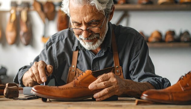 Zapatero artesano trabajando en un taller mientras repara un zapato de cuero a mano