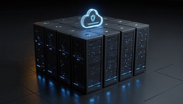 Glowing cloud and shield symbol atop a cluster of secure, dark server racks