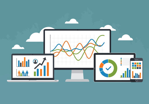 Business analytics and data visualization on multiple devices including computer, laptop, tablet, and smartphone