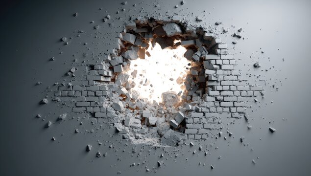 Bricks shattered, revealing a bright, explosive light through a broken wall