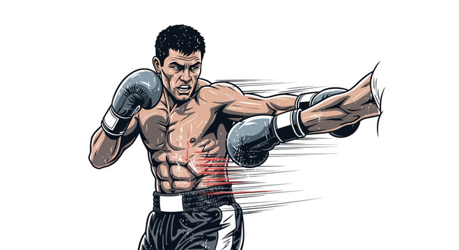 Boxer punching with motion blur effect, white background