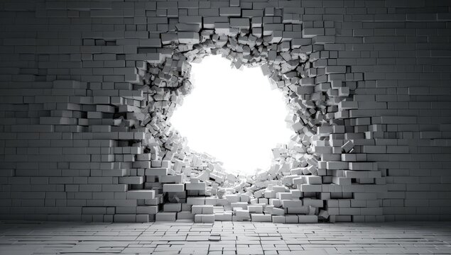 A bright light shines through a large, jagged hole in a white brick wall