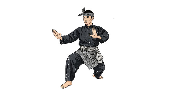 Man in traditional martial arts uniform performing silat pose
