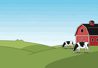 Cartoon illustration of a peaceful farm landscape with two black and white cows grazing in a green pasture next to a red barn © Abdur Rahaman 