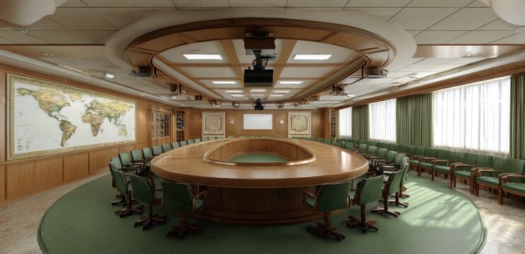 Panoramic view of a large oval conference room with a world map, projector, and many green chairs