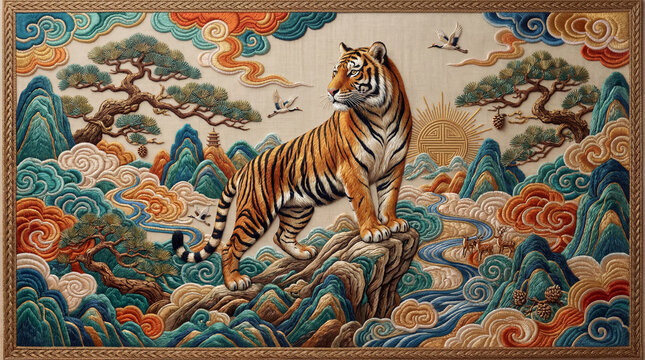 Traditional zodiac animal embroidery design illustration of a tiger with auspicious clouds, sunrise, and ancient pine trees