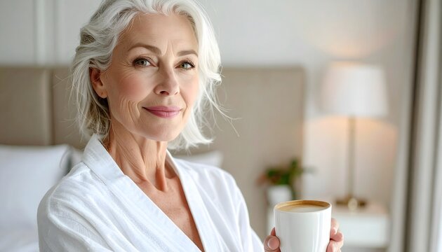 Mujer madura con cabello blanco sosteniendo una taza en un interior luminoso y acogedor
