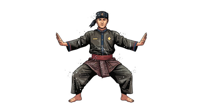 Pencak Silat martial artist in defensive stance, traditional Indonesian combat
