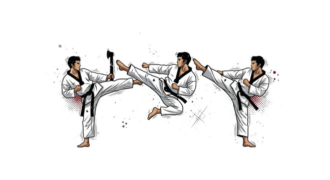 Taekwondo fighter performing high kicks in sequence on white background