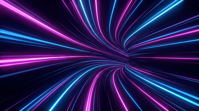 Hyperspace warp speed tunnel with glowing blue and pink light trails, futuristic motion background.