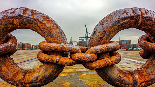 Rusted chains locking a cargo gate, symbolizing restricted movement and stagnation during a port strike.