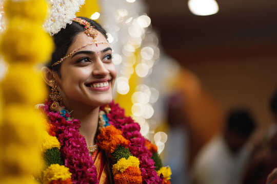 Smiling indian bride holding colorful flower garland during varmala ceremony, festive decorations and lights softly blurred, joyful candid expression, natural warm lighting, clean modern wedding