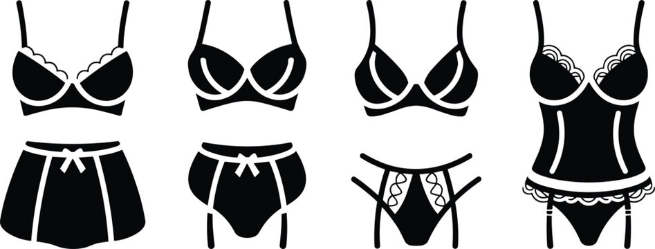 Black silhouette lingerie collection bras and underwear set icons