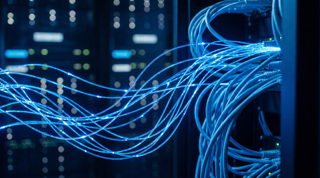 Close-up of glowing blue fiber optic cables and network wires in a modern server room for high-speed data transfer.
