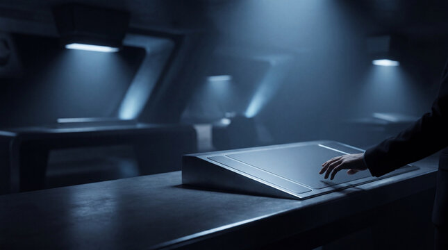 Mysterious hand interacting with a glowing futuristic touch screen control panel in a dark.