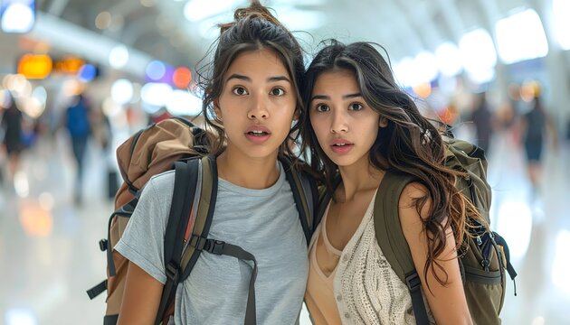 Dos mujeres j&oacute;venes con mochila en aeropuerto moderno con expresi&oacute;n de sorpresa y ambiente de viaje