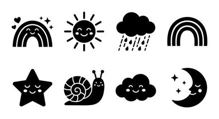 Minimalist nursery weather icons, cute black silhouette nature symbols, set of 8 celestial and animal vector illustrations for kids design © Lamiya