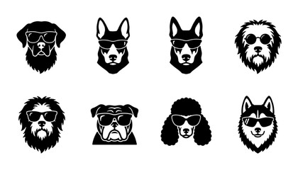 Minimalist dog head icons wearing sunglasses, set of 8 black and white canine vector illustrations, cool pet portraits for logo design and apparel © Lamiya