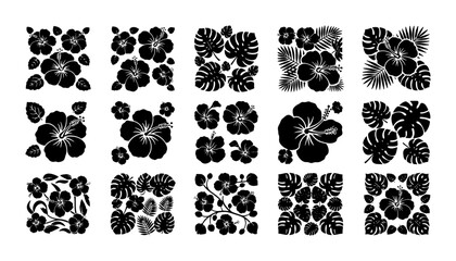Tropical hibiscus flower and monstera leaf silhouettes, set of 15 black floral vector icons, exotic summer botanical elements for logo design © Rakibul
